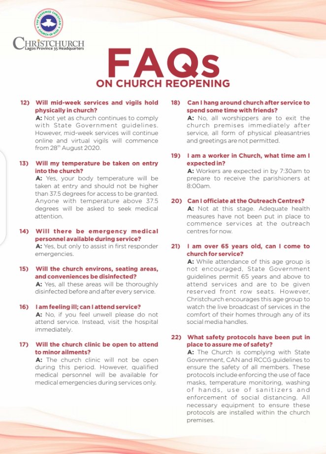 ChristChurch_NG's tweet photo. Here are possible questions and answers as against tomorrow's service.
Please go through them and if you have any other questions do let us know.
We want to ensure you have a safe Sunday service tomorrow...
#rccg #rccgchristchurch #ChristChurchCares #welcomebacktochurch #FAQs https://t.co/qHqkYzeIRD