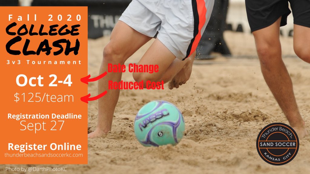 thunderbeachkc's tweet photo. 🚨FALL COLLEGE CLASH UPDATE🚨
🗓 Date Change: October 2-4
💵 Cost Reduced: $125/team
🏖Come out and kick it in the sand!⚽️
#letsgetsandy #sandsoccerkc #soccer #beachsoccer #kansascity #beautifulgame
📷: @darthphotokc https://t.co/8FKyWXr6nU
