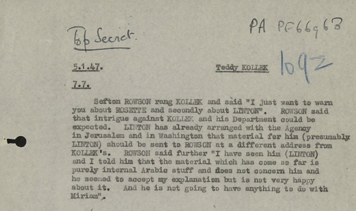 The power struggle played out in the London office between Kollek on the one hand & Berl Locker & Joseph Linton on the other. The latter two being Weizmann loyalists. Kollek was warned about Linton in an intercepted letter. Again not a telecheck so where did the info come from?