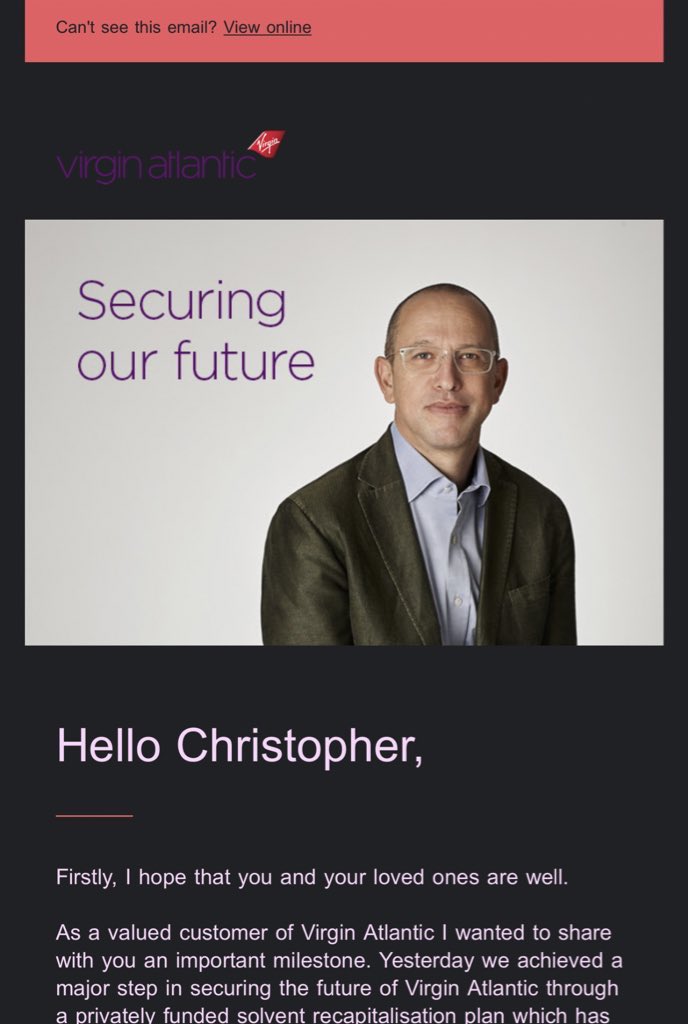 emailDeveloper's tweet image. Dear @VirginAtlantic as a customer receiving an email - I DO NOT CARE what your CEO @shaiweiss has to say in some endless waffle...make it concise #emailGeeks