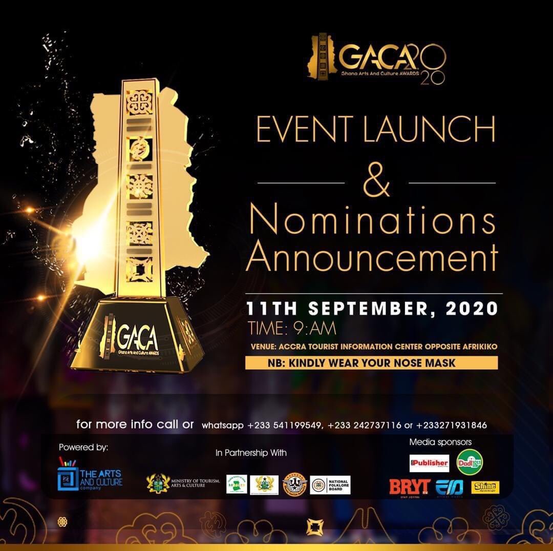 Ghartsnculture's tweet photo. Ghana Arts And Culture Awards (GACA) 2020 - Event Launch and Nominations Announcement on the 11th of September, 2020 at the Accra Tourist Information Centre (opposite Afrikiko).

You are cordially invited.
COVID-19 protocols shall be strictly observed. https://t.co/IQFiK0ZTDe