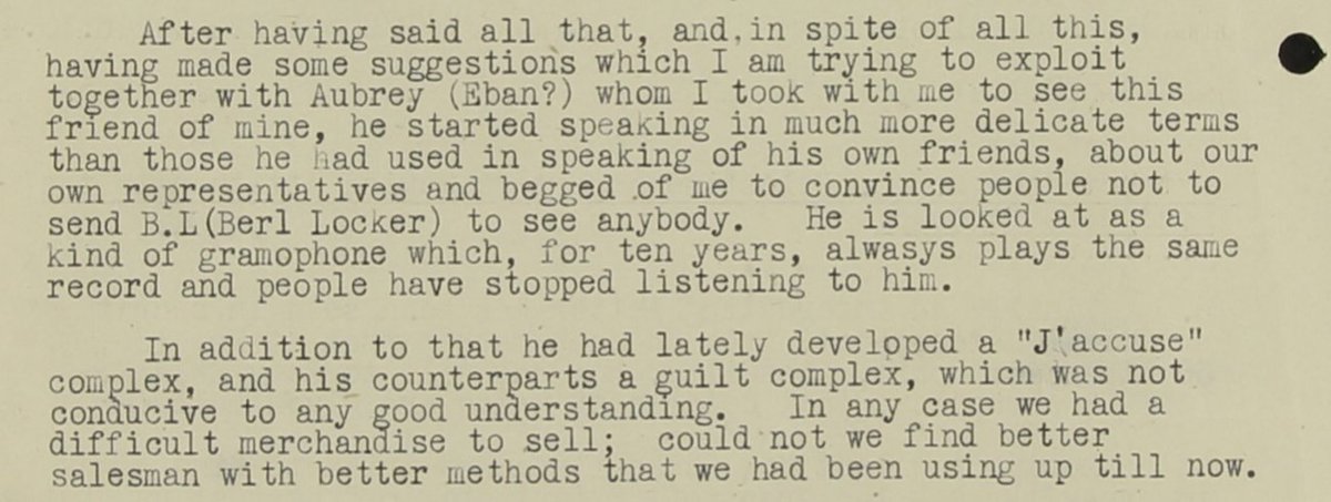 Berl Locker was a Weizmann loyalist active in the London Jewish Agency for years leading up to 1946.Kollek claims he & Eban were told Linton had "lately developed a j'accuse complex...which was not conducive to any good understanding"