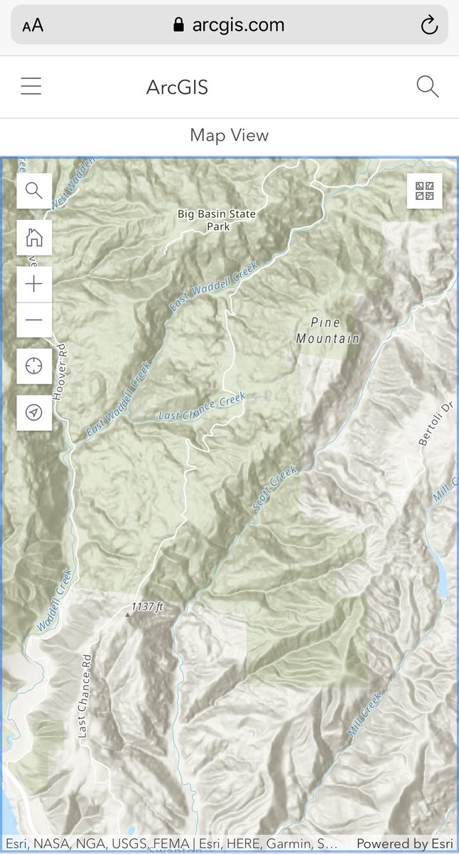 Here is a map showing the spatial relation between Big Basin State Park HQ, McAbee Mountain/Hihn Hammond Rd, Pine Mountain/Last Chance Road; that harrowing journey to the coast along a ridge between Waddell/Scott creeks.  https://www.arcgis.com/home/webmap/viewer.html?useExisting=1
