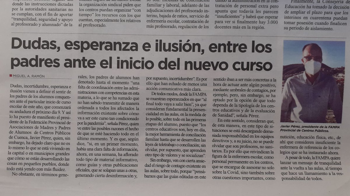 FampaCuenca's tweet photo. Entrevista en @noticiasDcuenca a nuestro presidente.
Deseamos optimismo y tranquilidad frente al nuevo curso. Seguiremos reivindicando mejor comunicación, coordinación y presencia de enfermera escolar. https://t.co/gIIjhHceyK