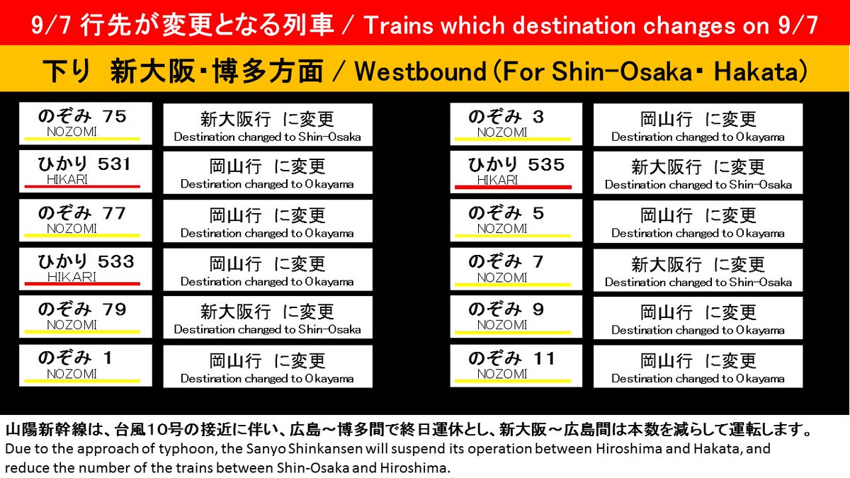 東海道新幹線 東京 新大阪 運行情報 ｊｒ東海公式 台風10号接近による山陽新幹線の計画運休に伴い 9 ７に行き先が変更になる列車の一覧はこちら