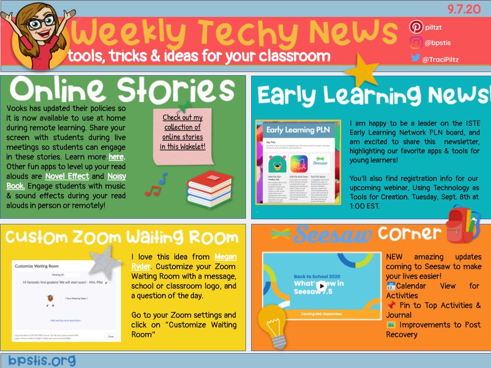 Weekly Tech-y News📰 featuring <a href="/ELN_ISTE/">Early Learning Network - ISTE</a> newsletter w fave apps &amp; tools for #littlelearners ✏️🎒, plus lots of digital stories📚, amazing 🙌 updates coming to <a href="/Seesaw/">Seesaw</a> &amp; an awesome🌟 @zoom_us tip from @MrsRyder58 bit.ly/3ih5svz #BPSLearns #MTEdchat