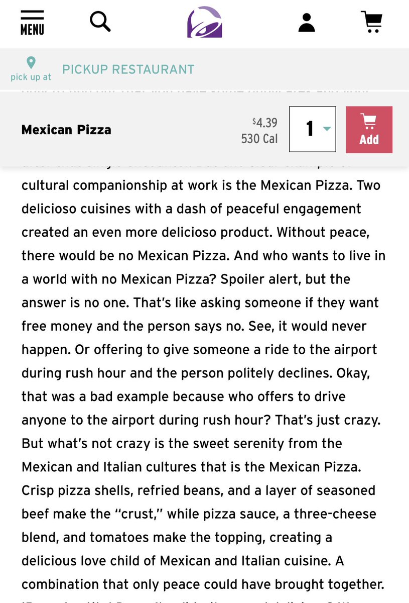 FlyWithCristina's tweet photo. “And who wants to live in a world with no Mexican Pizza? Spoiler alert, but the answer is no one. “ - @tacobell 

So you know but you just don’t care 😭🌮🍕#ripmexicanpizza #mexicanpizza #tacobell #whowrotethis https://t.co/jgd19Bk62l