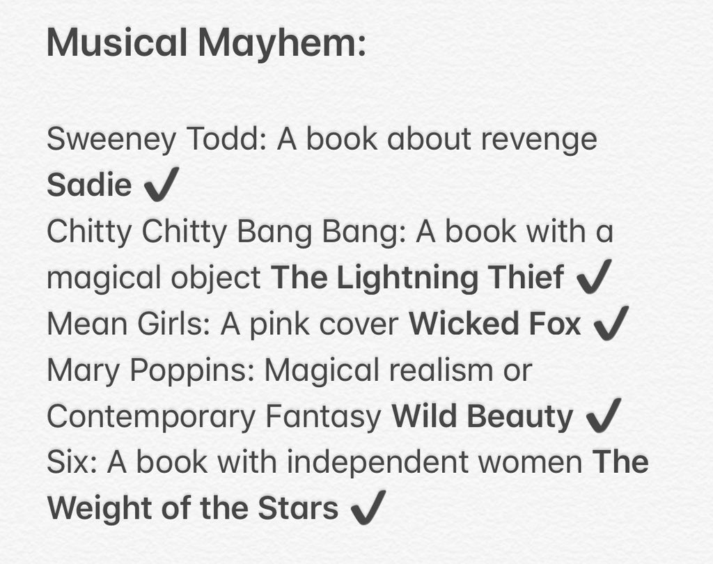 pll_lover13's tweet photo. One I joined on a whim this August was @MayhemReadathon and it was very fun! I will say that originally I was going to add the double up prompts but I forgot... Oh well. The blue is the ones I would have counted. I was very close to a bingo and still reading the group book! https://t.co/YsjcykedjB