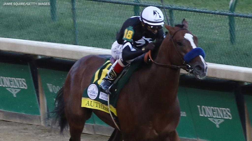 espn's tweet photo. Authentic and jockey John Velazquez win the Kentucky Derby 🏆

Bob Baffert now has 16 Triple Crown race wins, most of any trainer. https://t.co/jEJLIONkMd