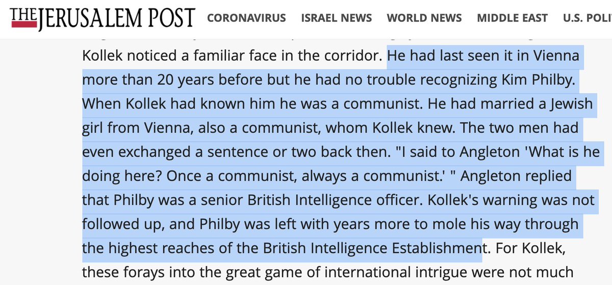 But why isn't there anything from Philby, the communist spy in MI6? Philby reported on Eban in Paris but Kollek was there too.There are reports from MI6 mentioning Kollek in Paris but it was rumoured that Kollek and Philby knew one another, perhaps Philby knew to stay well away