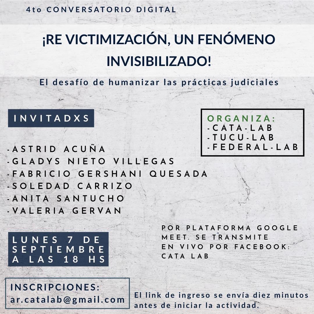 LabCata's tweet image. Lunes 7 ⏱18 hs Nuestrxs invitadxs 👉🏻Astrid Acuña, Gladys Nieto Villegas, Fabricio Gershani Quesada, Soledad Carrizo, Valeria Gerván y Anita Santucho. cuál es el acompañamiento afectivo, económico y jurídico que se pone en marcha?
Inscripción ar.catalab@gmail.com