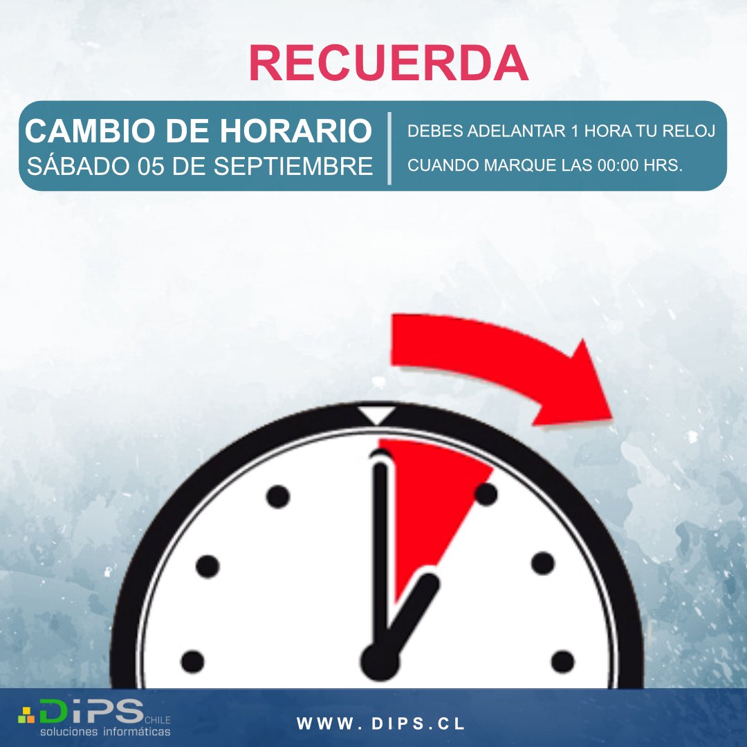 dips_cl's tweet image. No olvides que hoy 5 de Septiembre debes adelantar en 1 hora tu reloj cuando éste marque las 00:00 hrs., pasando al horario de Verano en Chile Cotinental a excepción de la región de Magallanes y la Antártica que no sufren modificaciones horarias 🕐☀️
.
dips.cl 💻