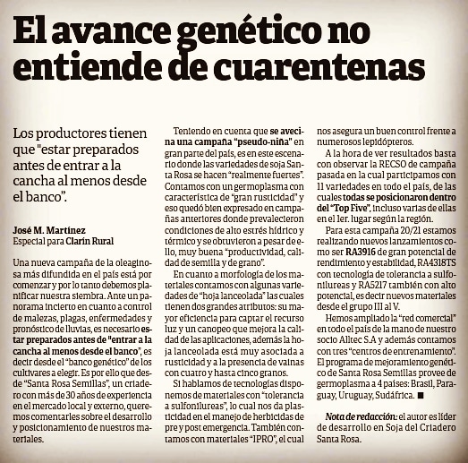 IngAgrJosMarti1's tweet photo. Nota realizada para Clarin Rural. "Especial Soja" 🌱
#santarosasemillas #alltecbio #geneticavegetal #variedadesdesoja #clarinrural #especialsoja https://t.co/qOlBUJdHzQ