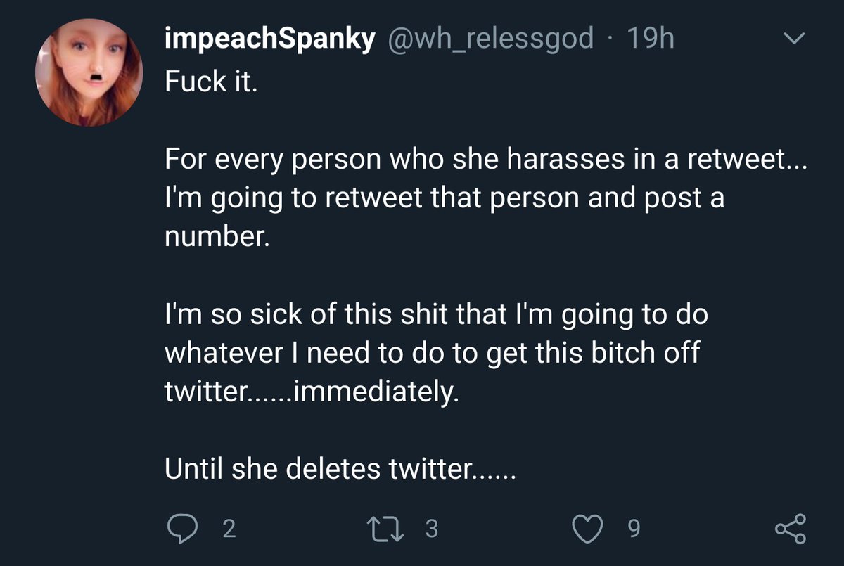 Here they are threatening to repeatedly post her # on twitter until she leaves the website:  https://twitter.com/wh_relessgod/status/1302087087311781889?s=19 https://archive.is/vSEtB 