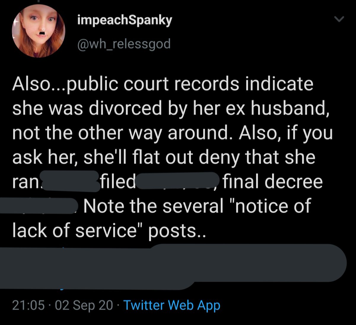 So  @wh_relessgod was started strictly to parody the person they're currently threatening, stealing pictures of her and using them as their own profile pics. This person even paid for court records on their victim in order to attack them online(won't post archived version here):