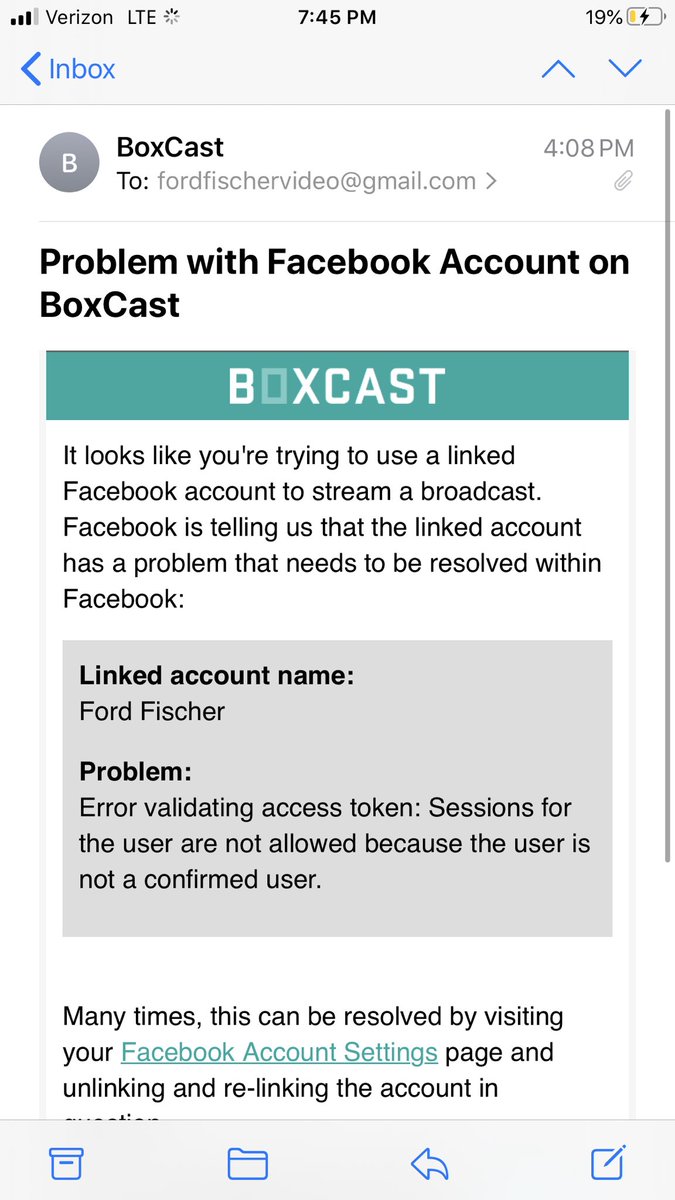 I use the  @BoxCast app to livestream to both Twitter and Facebook.I didn’t receive any email or notification from Facebook; my account literally just outright vanished.Boxcast seems to have sent this automatically when it happened.