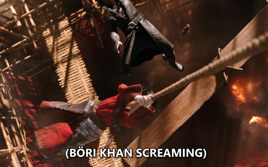 oh yeah it's so great that bori khan conveniently fell to his death so the kids don't have to contemplate the ethics of mulan murdering someone for real