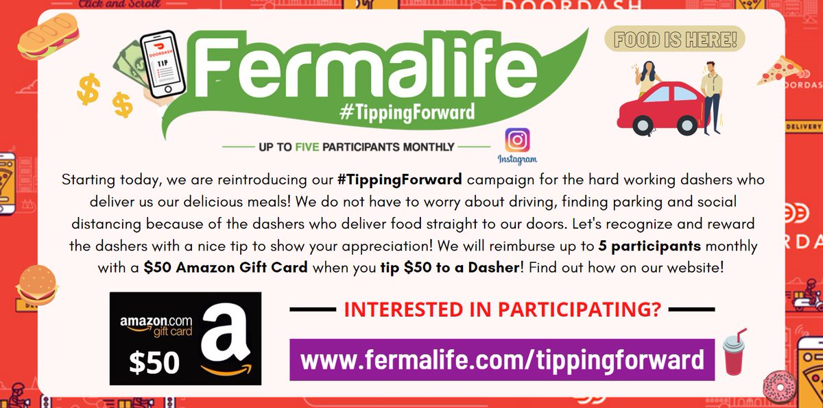fermalife's tweet photo. 🚗🍔✔️Who's ready for our #TippingForward campaign? Interested in participating in a campaign where we pay it forward to our dashers? Tip a dasher $50 & get it reimbursed! See if you are in a state that is eligible & learn more here: https://t.co/BkcUpWhBZT 🥡🍕 https://t.co/ImK36yDaUh