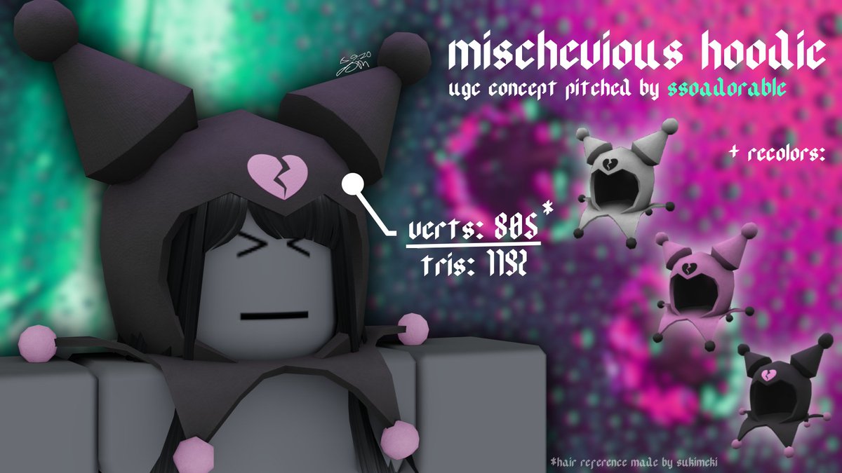 another #RobloxUGCConcept  item that ssoadorable on roblox pitched to me, i hope you guys might like it kind of a departure from what i usually made beforehand but yea its cute lmao 💜🖤🕸️
#RobloxDev #RobloxUGC #Roblox