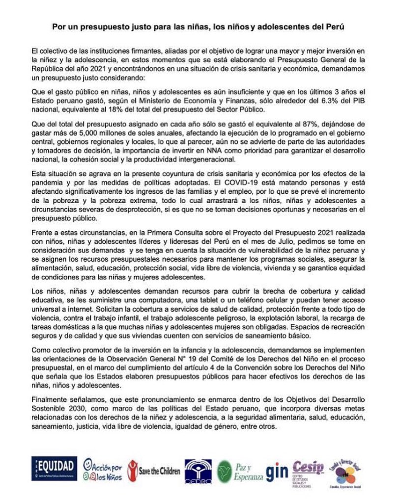 equidad_peru's tweet photo. @MimpPeru Señora Ministra Dra.  @Rosario_Sasieta por un presupuesto público 2021 para las niñas, los niños y adolescente de nuestros Perú 🇵🇪 https://t.co/hZfUjtLkIN