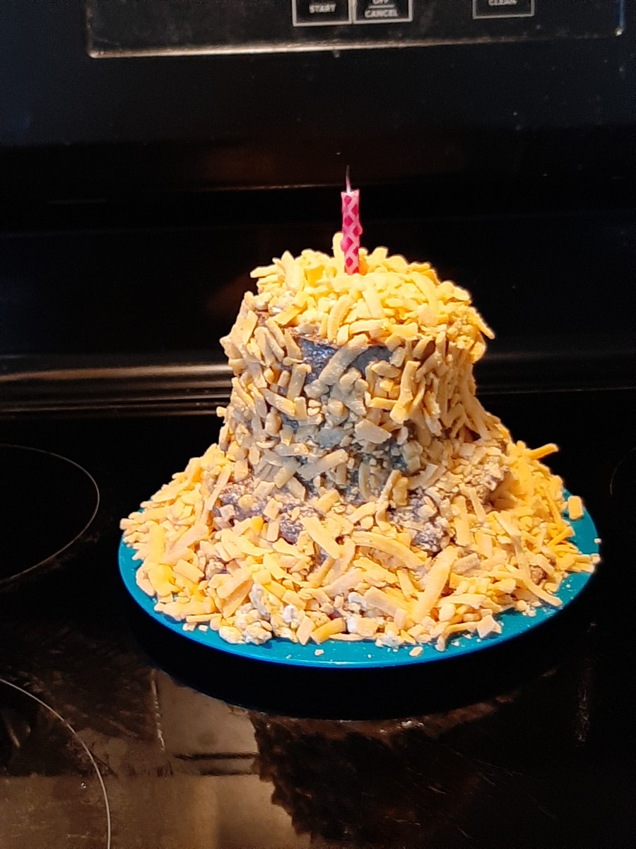 FifiFionaG's tweet photo. It's my Adoptaversery!  Mama made me dog cake!  a WHOLE can of dog food, with kibble and catfood around it, and then Daddy fried an egg in bacon grease *REAL BACON* and sprinkled it everywhere.  Then Mama put on a shredded cheese frosting!  Oh, happy day!  Oh, Happy dog! https://t.co/WdyX4nPPeP