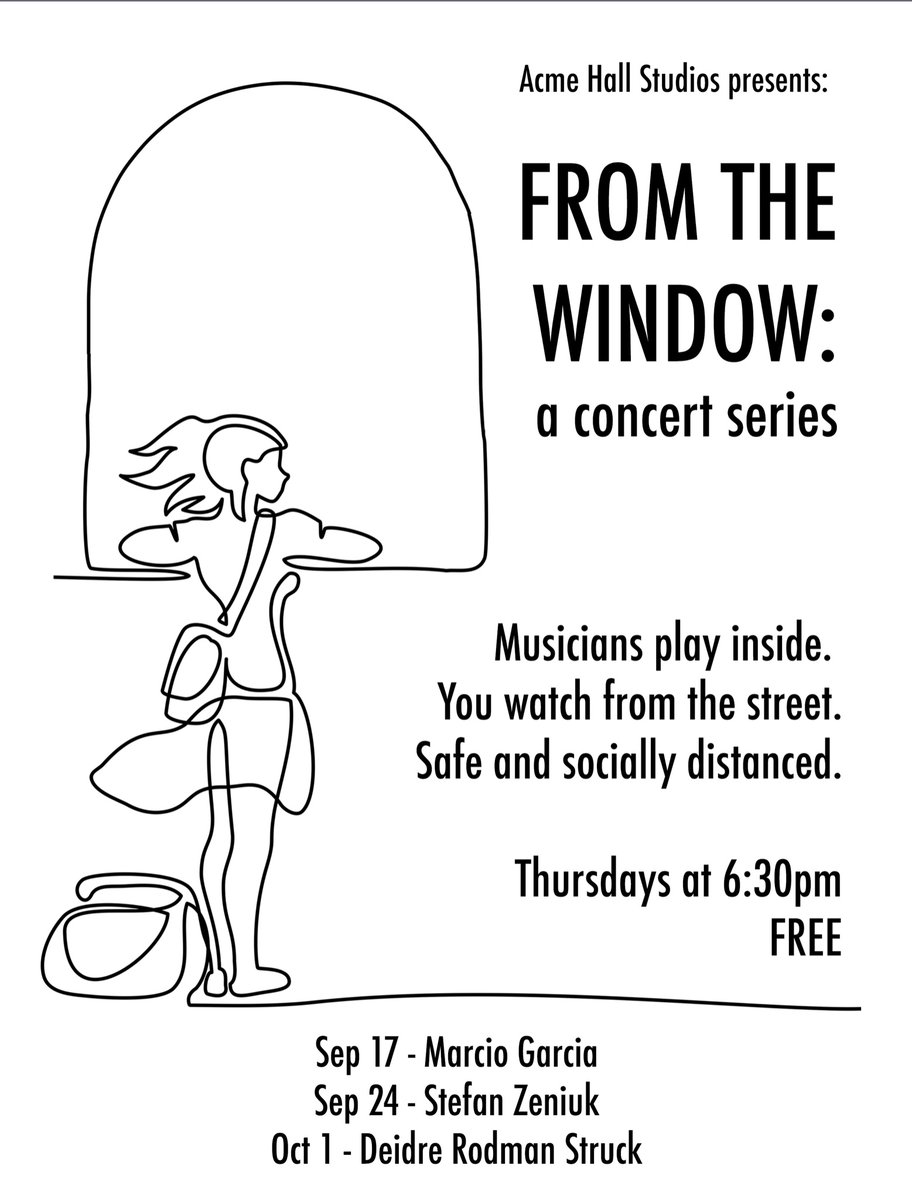 Acme will be hosting in-person concerts this fall!! How is that possible, you ask? Musicians play inside in our Annex space right at the window. We provide sound out onto the street. You watch from the sidewalk. See real live music, not on a screen! Thursdays: Sep 17, 24, Oct 1!