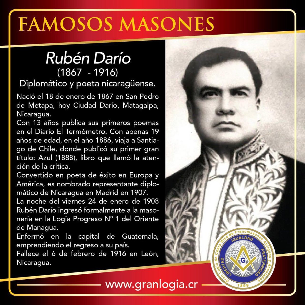 GranCr's tweet photo. #MasonesFamosos

#RubénDario (1867 - 1916) https://t.co/10KyFhA1WD