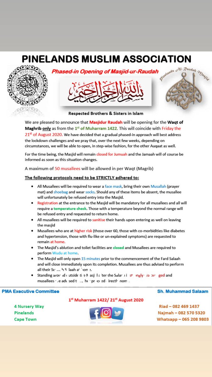 AL_Rauda_Masjid's tweet photo. #lockDownSouthAfrica #LockdownSA #pinelands #masjid #magrib now open #Level2regulations https://t.co/N4U1ClkFBM
