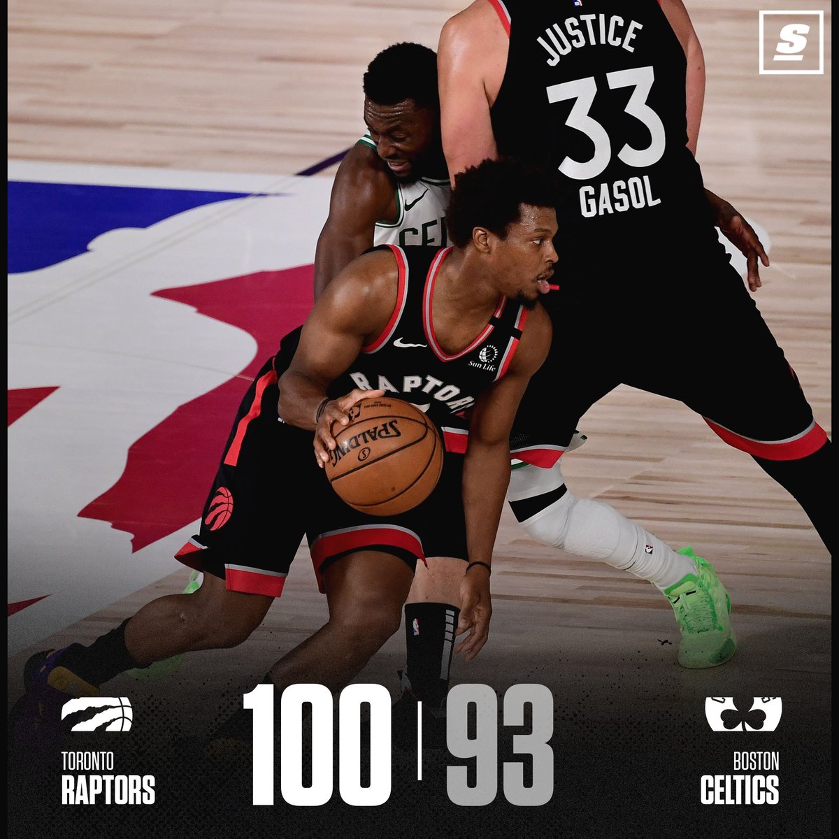 theScore's tweet image. The @Raptors grind out a HUGE Game 4 win to even their series with the Celtics. 💥 🦖