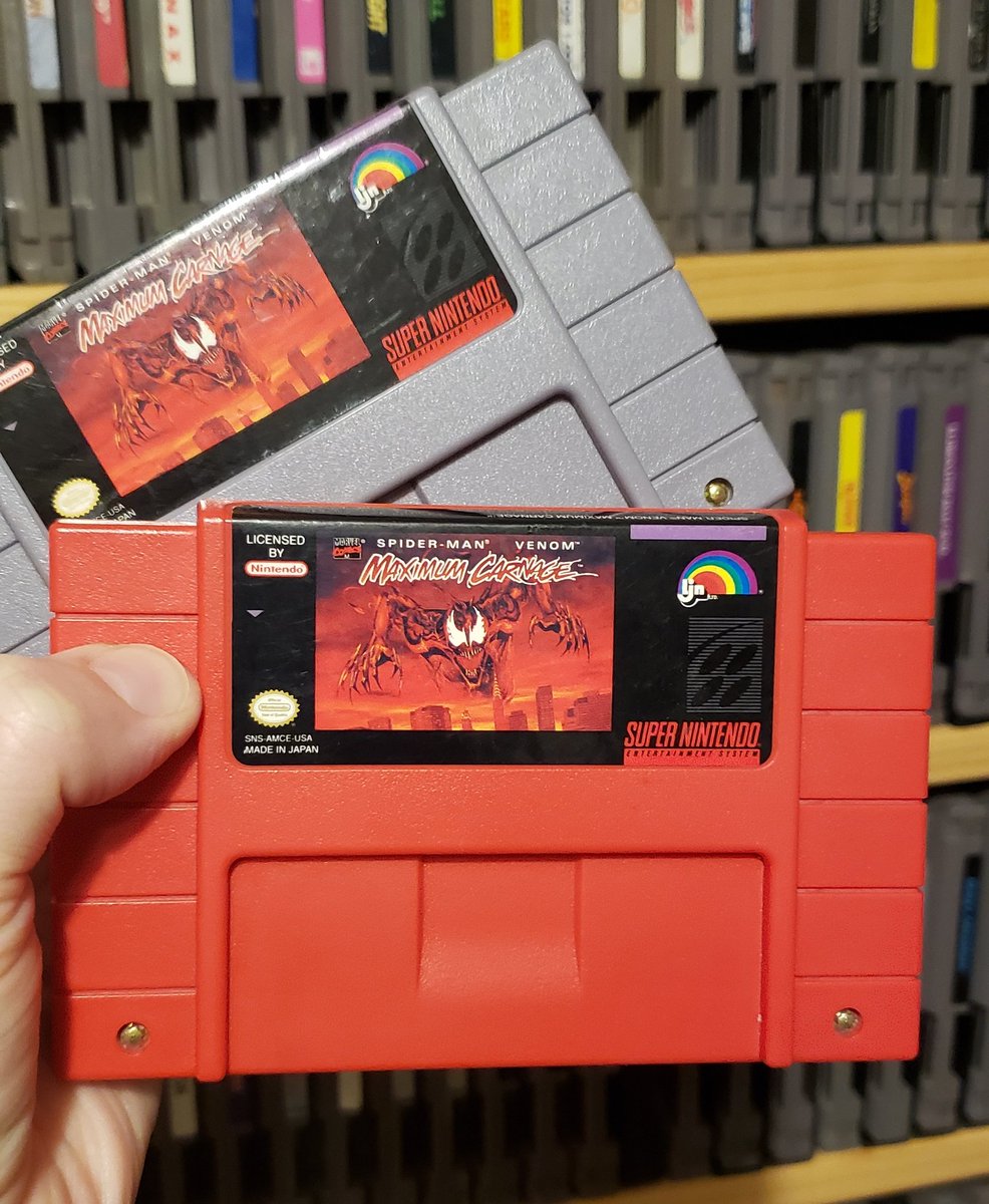 So, a few weeks ago I got Spider-Man Maximum Carnage. But, it was the grey cart. I thought I would be content... But alas, I was not. Had to get that shiny red collectors edition. 

#SpiderMan #maximumcarnage #RetroGaming #Nintendo #snes