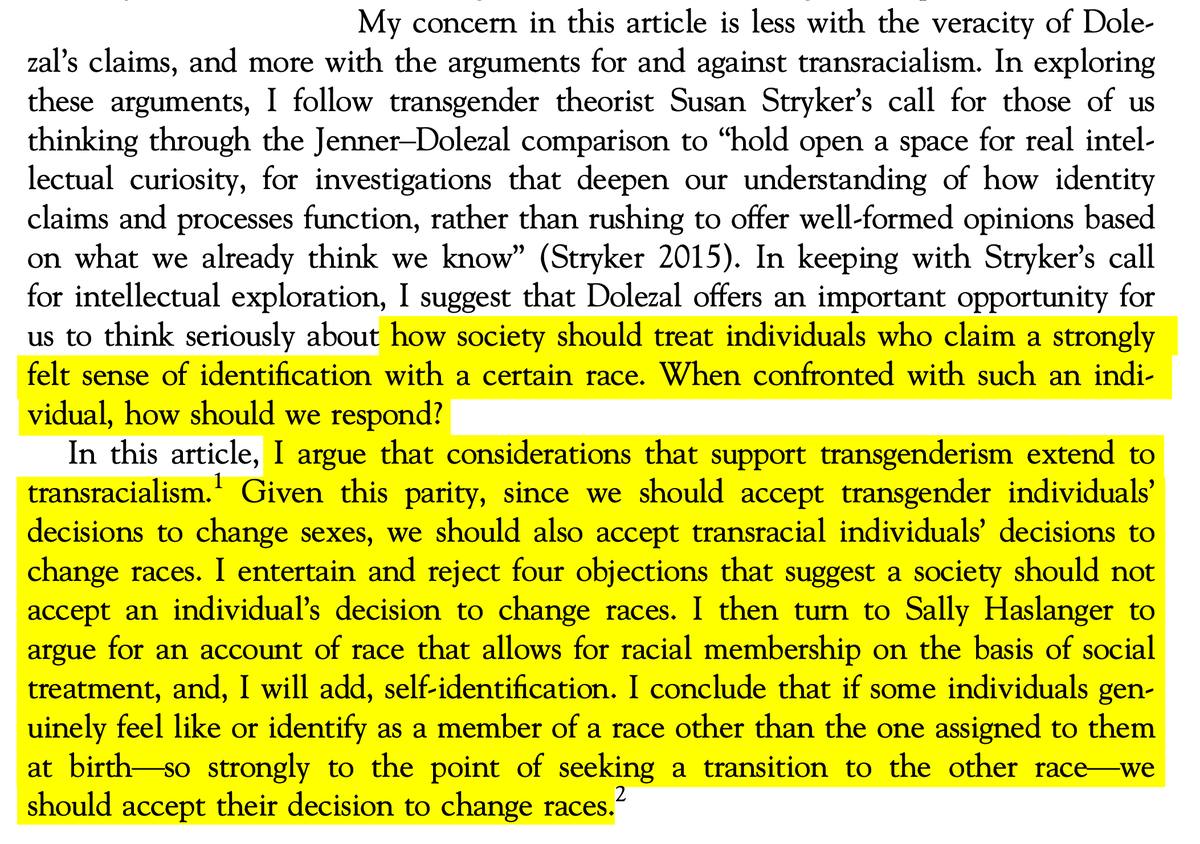 First, if you want some orientation, you can watch  @BenjaminABoyce's video on this thread: You can also have a look at philosopher Rebecca Tuvel's infamous "In Defense of Transracialism."  https://sites.middlebury.edu/sexandsociety/files/2019/09/Tuvel-2017-Hypatia.pdf (Excerpt below).