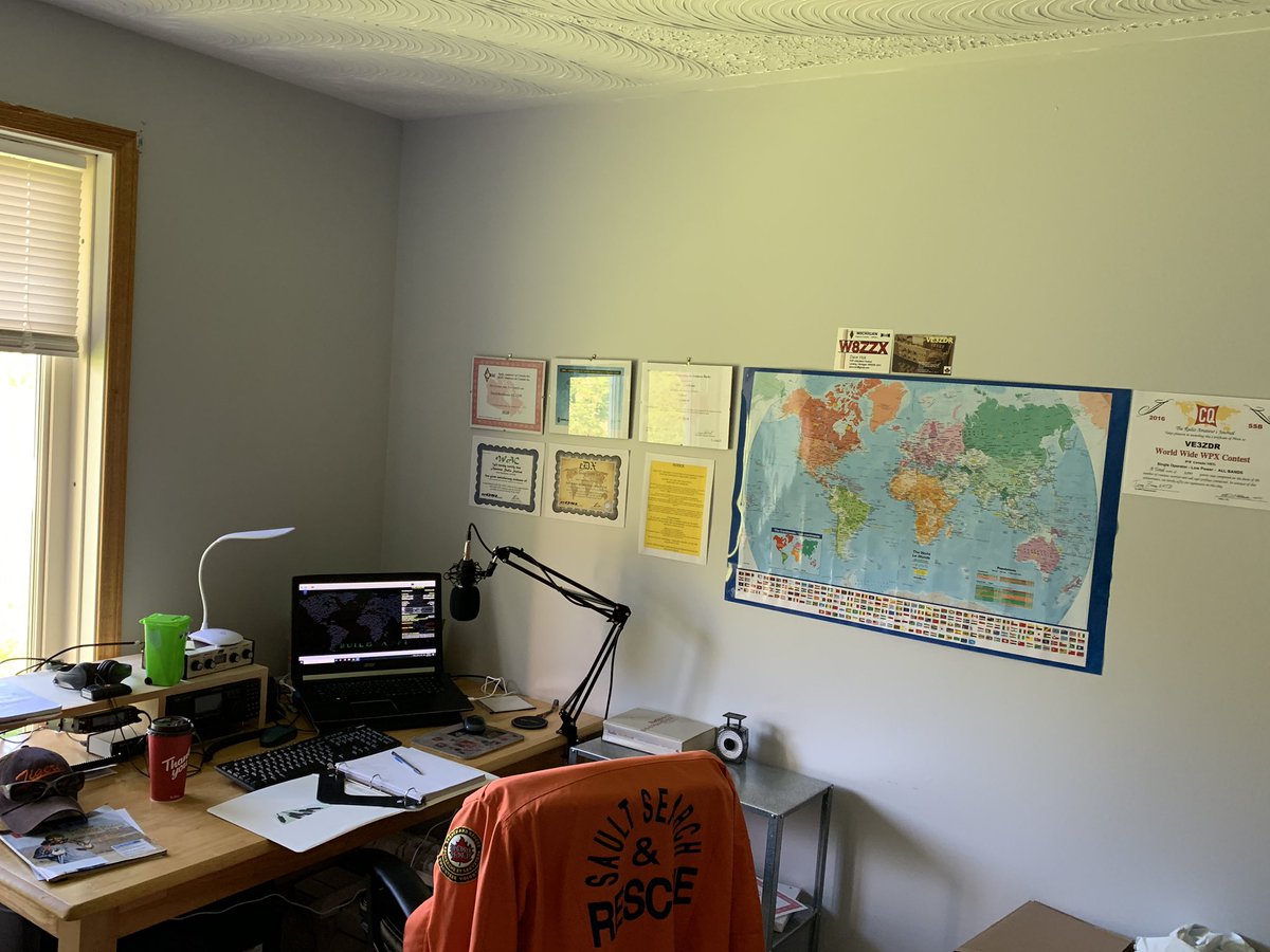 ve3zdr's tweet photo. Setting up my radio desk.  A few awards, certificate from my first contest and my radios. Nothing fancy, just for fun. https://t.co/vxR15oRhw7