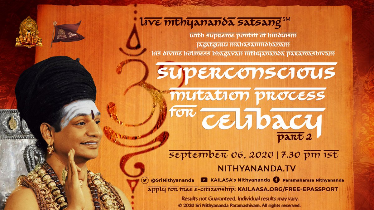 SriNithyananda's tweet photo. A NEVER BEFORE REVEALED OR HEARD OF IN THE HISTORY OF MANKIND TODAY! REVIVAL OF THE MOST ANCIENT SCIENCE THAT HAS BEEN KEPT  SECRET IN HINDUISM- SUPERCONSCIOUS MUTATION PROCESS FOR CELIBACY. 

PART 1: https://t.co/vsSJoRyqEW https://t.co/XUXGuVBTiG