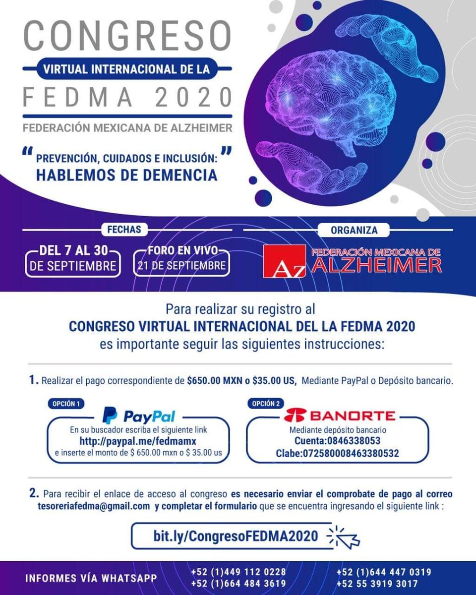 Faltan 2 días para el Congreso Virtual Internacional de la Federación Mexicana de Alzheimer 🧠 

Es un honor participar este año con el tema: "10 consejos para prevenir la enfermedad de Alzheimer"
 #WorldAlzheimersMonth

¡Los esperamos!