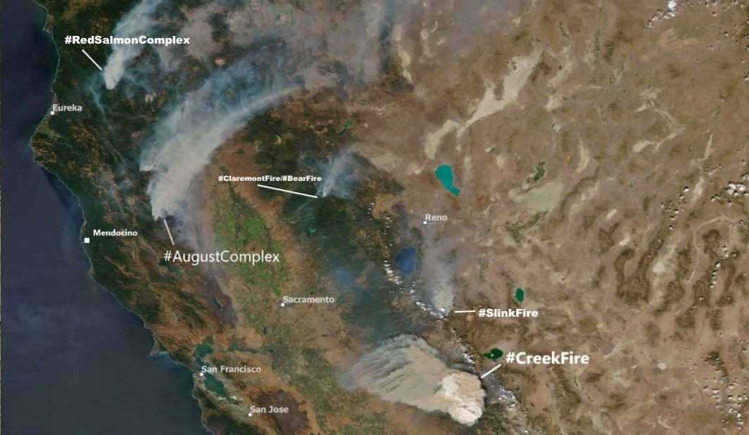 terreal's tweet image. Besides the answer of "everywhere" - where is the smoke in NorCal still coming from? #RedSalmonComplex #BearFire #ClaremontFire #AugustComplex #SlinkFire #CreekFire are all burning right now.
