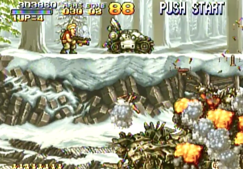 がめの メタルスラッグ1終 ナイフとマシンガンでガンガン進められつつ しゃがみ撃ちや斜め撃ちなどのテクニックを駆使する必要もあって面白かったです メタスラ ネオジオミニ