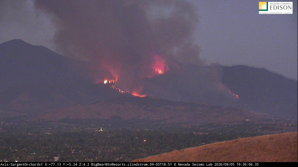 7:30 p.m. Pacific view of the  #ElDoradoFire. A lot of visible flame here. Camera just went black and white after this.