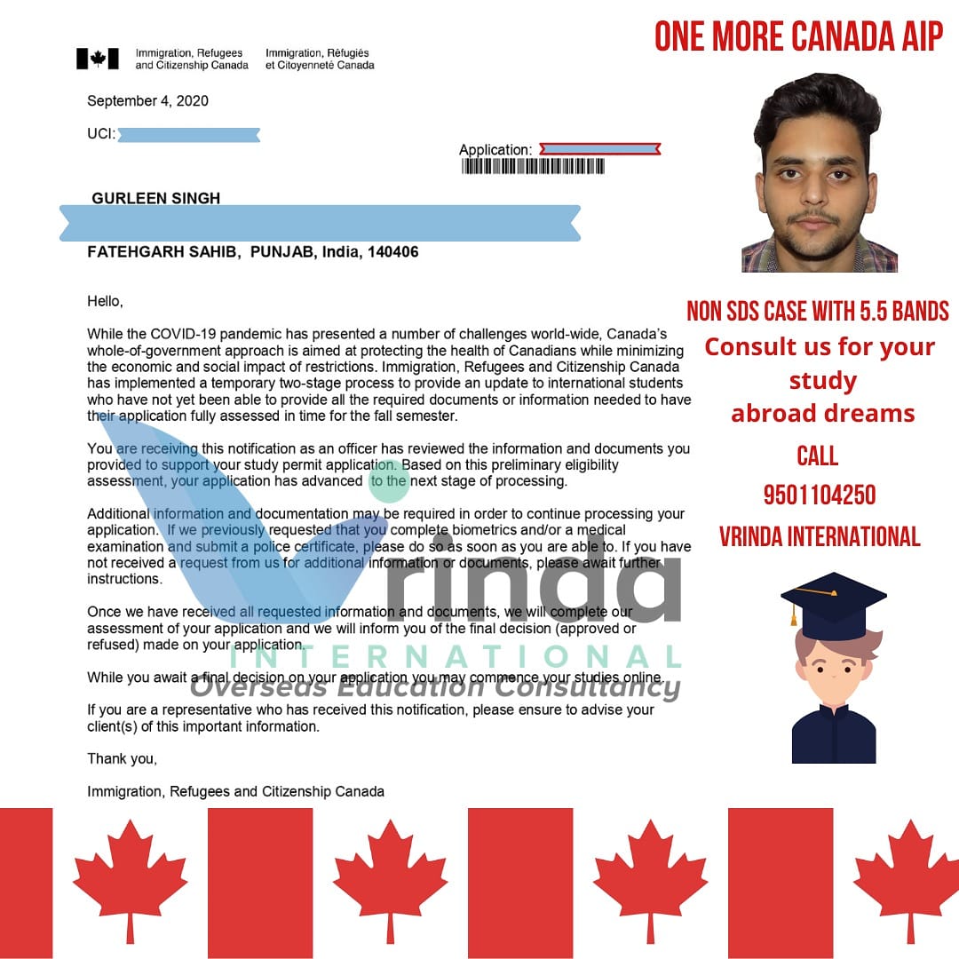 CANADA AIP Approved. NON SDS case with 5.5 band in one module of ielts.
#aipapproved #canadastudyvisa #canadaaip #canadaopen #septintake #applyforjanintake2020 #applynow #vrindainternational #highvisachances #studyoverseas #studyconsultant #chandigarh #India #indiatocanada