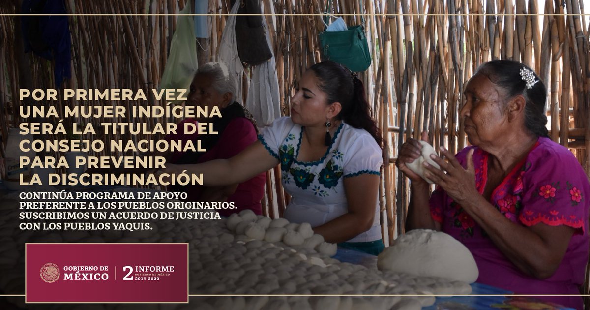 Por primera vez una mujer indígena será la titular de <a href="/CONAPRED/">Conapred</a> 

Se trata de un acto de justicia y de reivindicación de nuestras raíces.

#SegundoInforme 
#UnidosSaldremosAdelante