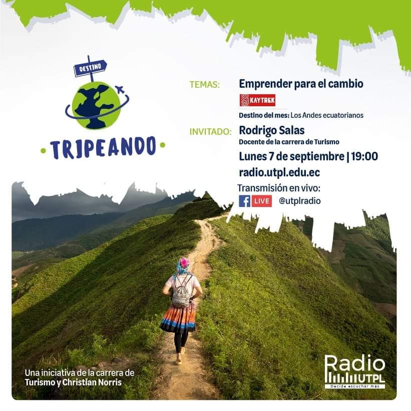 Christian_Vinan's tweet photo. Este lunes estrenamos nuestro programa #tripeando, un proyecto comunicacional de la Carrera de Turismo-FEUTPL y Cristian Norris.
Invitado: Rodrigo Salas, docente de la UTPL.
#utpl #Turismo #reinventarse #Ecuador https://t.co/UDVebl9uUD