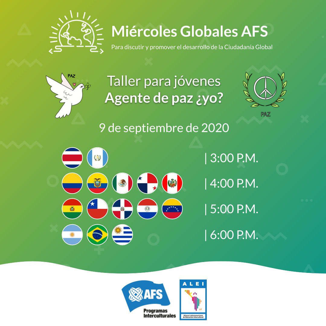 AFSDOM's tweet photo. Si tienes entre 14 y 17 años conéctate para generar acciones que transformen. Este #MiércolesGlobalAFS estarán personas de toda América Latina, buscando construir un mundo más equitativo y justo. “Agente de paz ¿yo?”Inscrí­bete ahora https://t.co/IAzpo5cs6s
#AFSeffect #ALEI https://t.co/rTtlF7Tc23