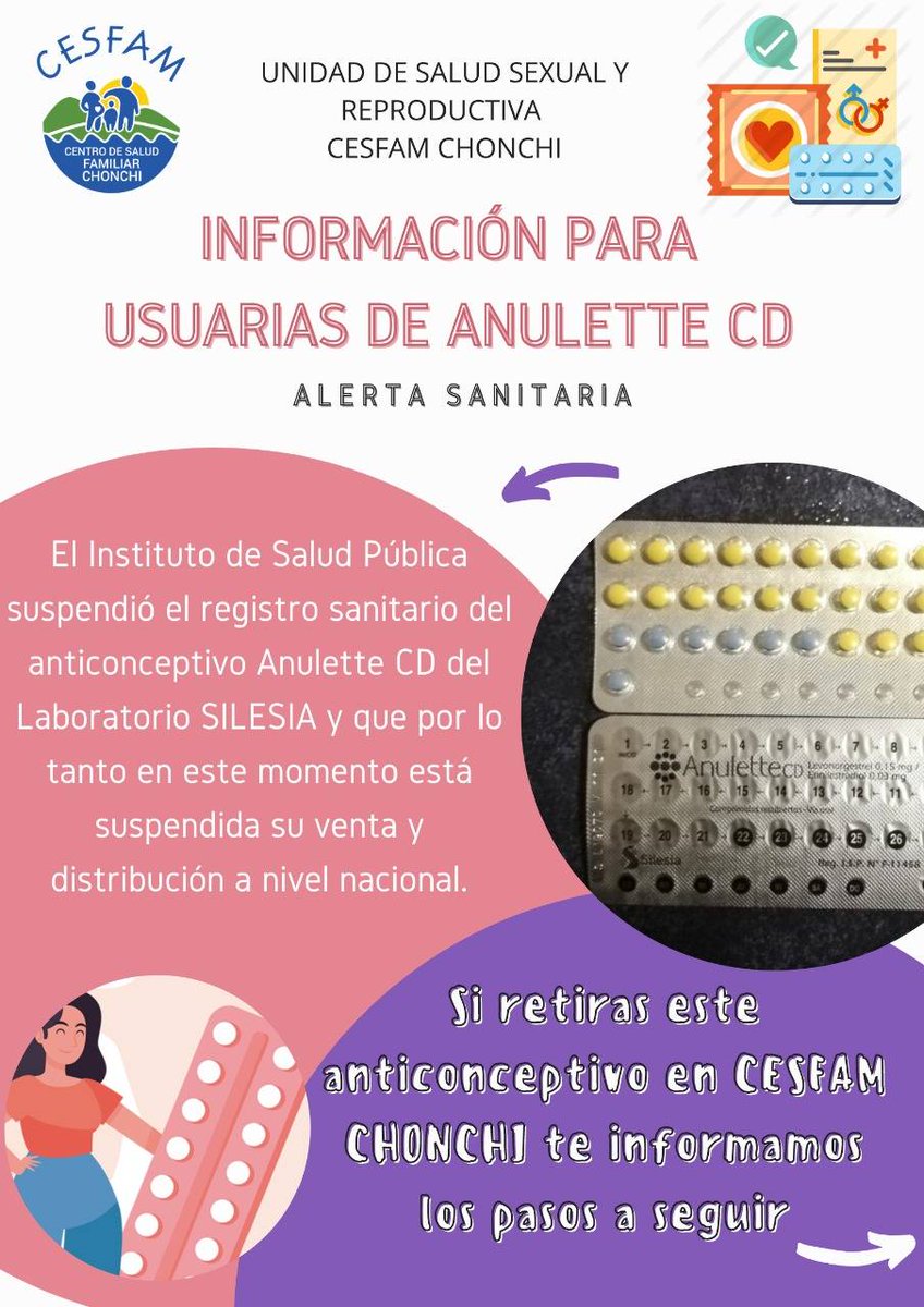 #cesfamchonchi junto a matronas y matron de nuestro centro de salud queremos informarte respecto a la suspención de anticonceptivo #anuletteCD, cuál es el problema, si te afecta o no y las alternativas para superar esta situación <a href="/seremisalud10/">Seremi Salud Los Lagos</a> <a href="/SaludChiloe/">Servicio Salud Chiloé</a> <a href="/ministeriosalud/">Ministerio de Salud</a>