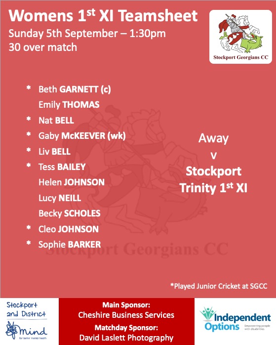 GAME DAY! Womens 1st team for the short trip to our friends across the railway <a href="/Trinity_Cricket/">Stockport Trinity CC</a>. 1:30pm start - 30 overs

Celebrating #WomensCricketMonth <a href="/CheshireCB/">Cheshire Cricket Board</a> <a href="/CCBWandG/">Cheshire CB Women & Girls</a> <a href="/ECB_cricket/">England and Wales Cricket Board</a> 

Thanks to our sponsors <a href="/ChesBusServices/">Cheshire Business Services - now inTEC BUSINESS</a> <a href="/davidlaslett/">David Laslett</a>