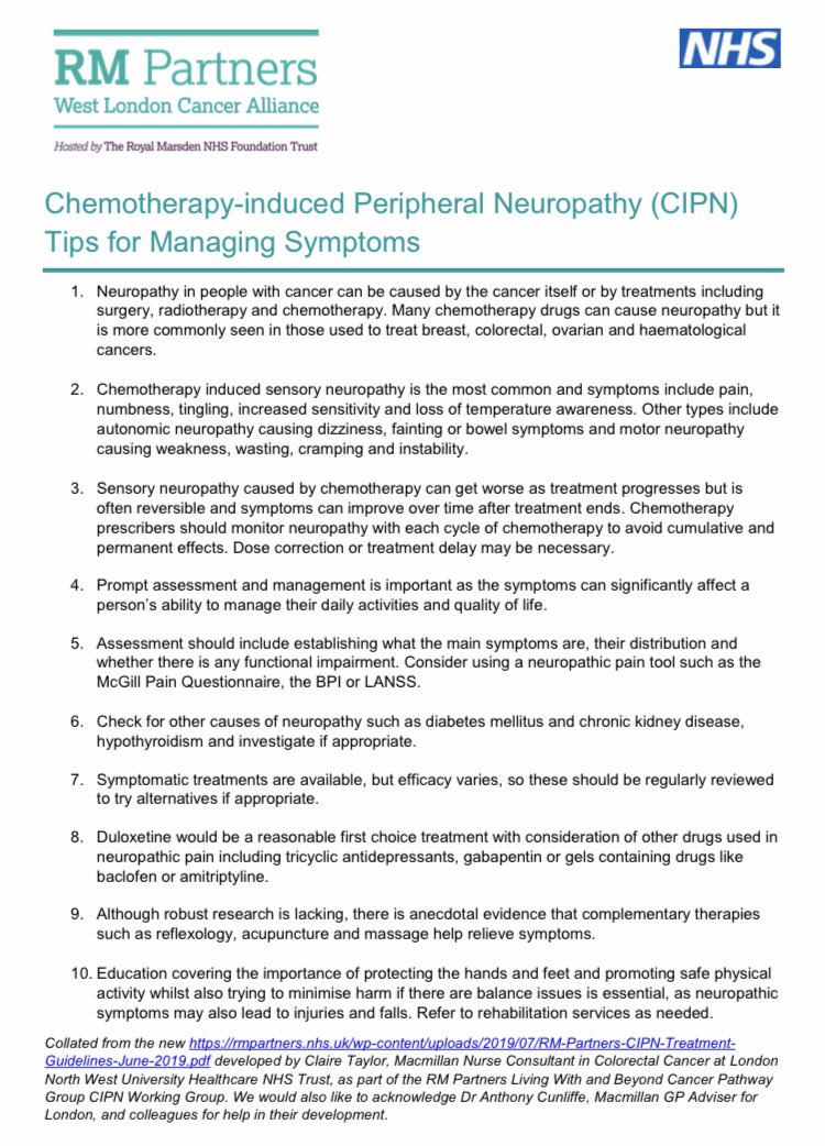Lesley Smith 💙 (@lesleylesleys) on Twitter photo Chemotherapy Induced Peripheral Neuropathy (#CIPN) was raised y’day as #ConsequencesOfTreatment needing attention.
<a href="/RMPartnersNHS/">RMPartnersNHS</a> produced guidelines in 2019
rmpartners.nhs.uk/wp-content/upl…
Plus tips for managing symptoms rmpartners.nhs.uk/wp-content/upl… Chemotherapy Induced Peripheral Neuropathy (#CIPN) was raised y’day as #ConsequencesOfTreatment needing attention.
<a href="/RMPartnersNHS/">RMPartnersNHS</a> produced guidelines in 2019
rmpartners.nhs.uk/wp-content/upl…
Plus tips for managing symptoms rmpartners.nhs.uk/wp-content/upl…