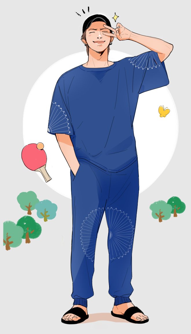 1boy male focus solo shirt sandals blue pants hand in pocket  illustration images
