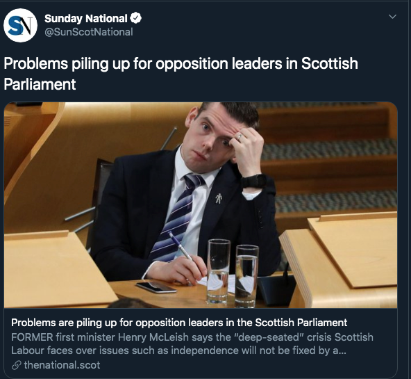 Good!  Looking forward to seeing  #Scotland  become an independent nation!  'Problems Piling Up For Opposition Leaders In Scottish Parliament'  #ScottishIndependence  #SNP  #DissolveTheUnion  #ScottishLabour  #ScottishTories  https://twitter.com/SunScotNational/status/1302513615916867585