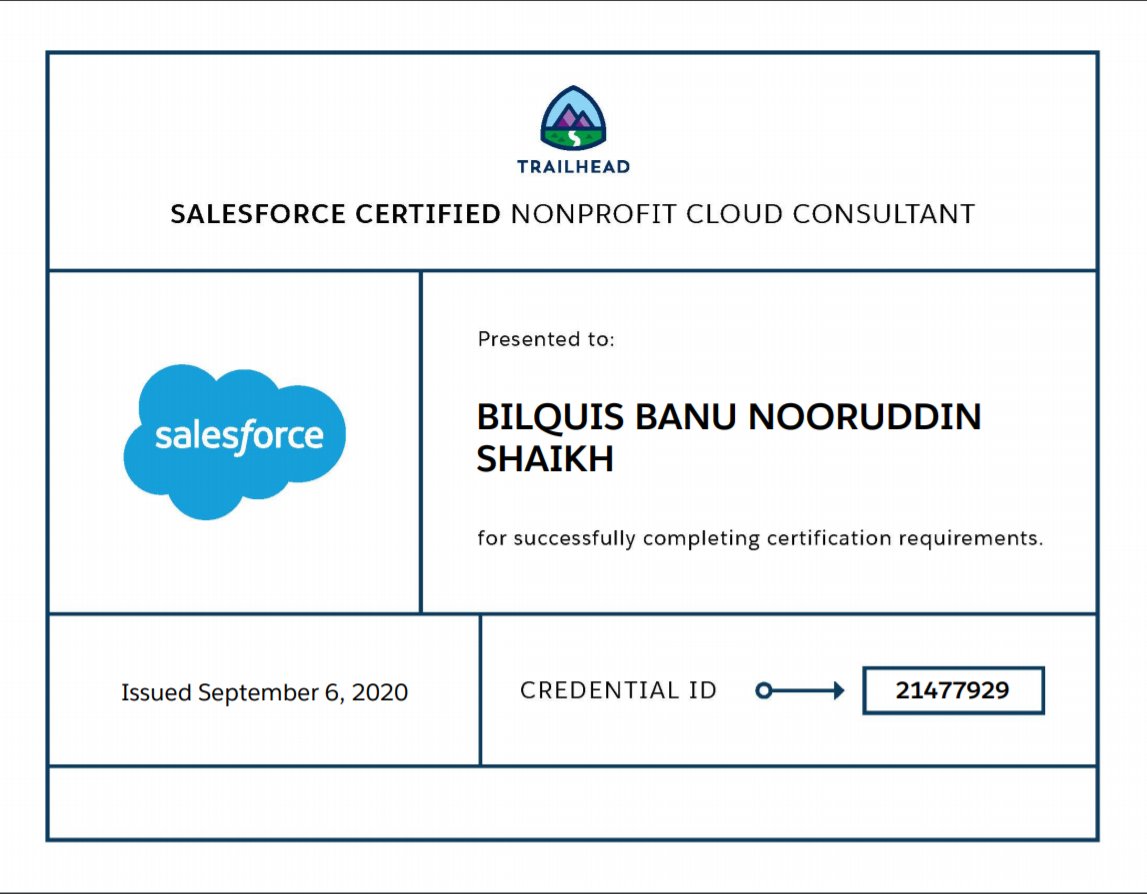 sbilquis27's tweet photo. Earned my #Nonprofit #SalesforceCertification!! 🥳 #5xcertified

Thanks, @trailhead for the awesome Nonprofit Cloud Consultants Trailmix &amp; Nonprofit Cloud Academy - Great content! 🤗
Thank you! @gawasthi22 for the practice sets on @udemy

 #TrailblazerCommunity #SalesforceOhana https://t.co/eQuPtB3BVc