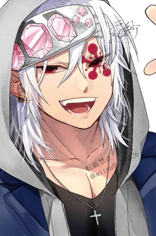 1boy male focus jewelry hood red eyes solo white hair  illustration images