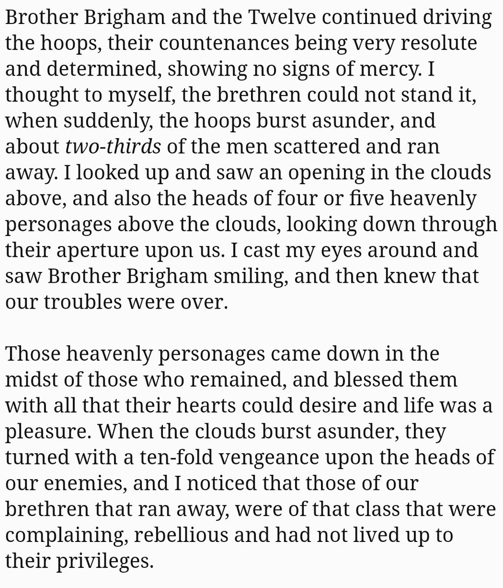 2"When the clouds burst asunder, they turned with a ten-fold vengeance upon the heads of our enemies, and I noticed that those of our brethren that ran away, were of that class that were complaining, rebellious and had not lived up to their privileges.">
