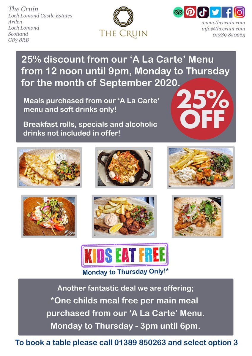 25% off our A La Carte Menu from 12 noon to 9pm, Monday to Thursday for September 2020. #thecruin #lochlomond #scotland #glasgow #restaurant #cuisine #foodie #discount